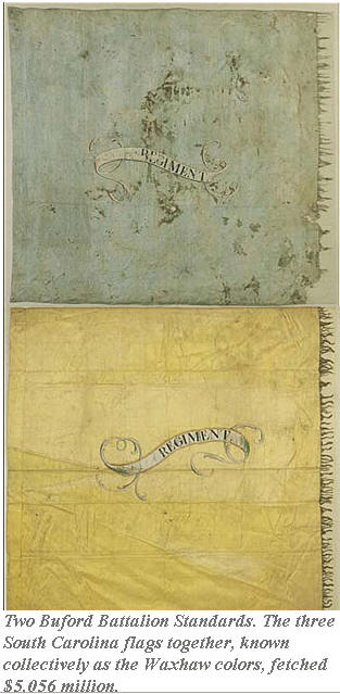 Two faded silk regimental flags, the Buford battalion standards known as the Waxhaw colors