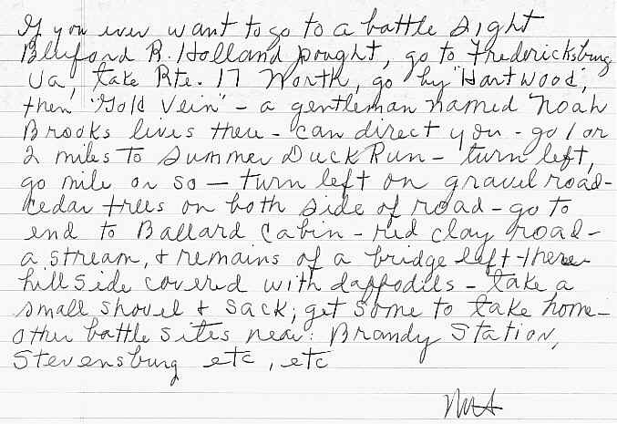 Handwritten note from Eula Mae Holland Hansen with directions to a Civil War battlefield