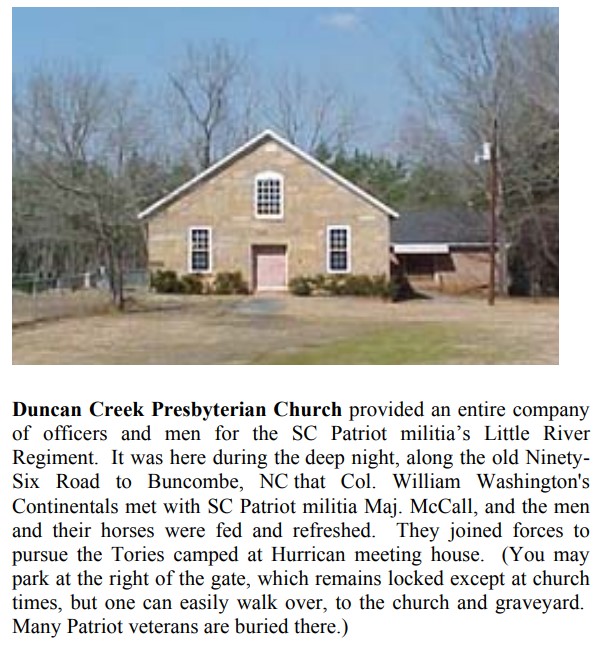 Duncan Creek Presbyterian Church, with a paragraph on the Little River Regiment camping there, from Southern Campaigns of the American Revolution, November 2004
