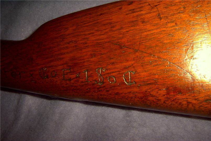 Wooden carbine stock with W.D. Shirer's name and unit carved into it