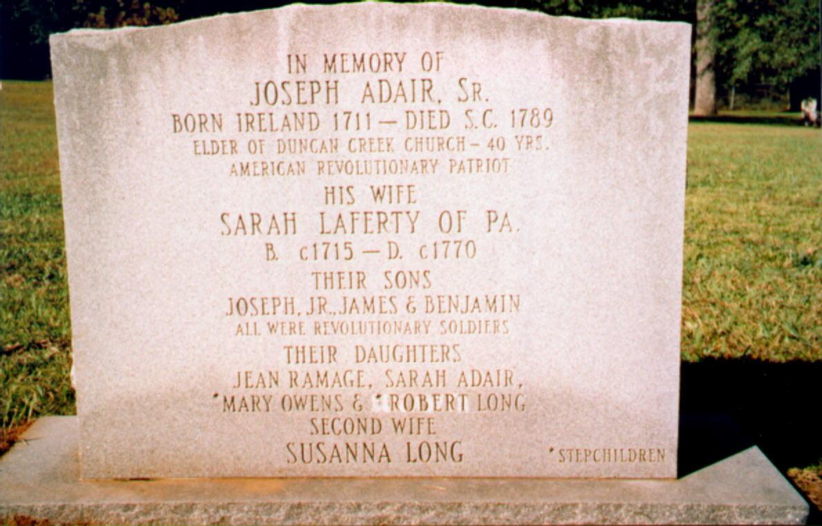 Memorial stone for Joseph Adair Sr. and his wife Sarah at Duncan Creek Presbyterian Church cemetery
