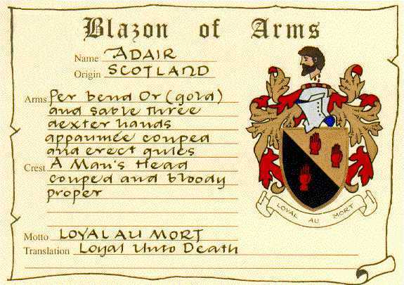 Certificate showing the blazon of arms of Adair