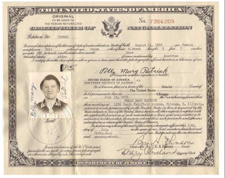 Certificate of naturalization of Polly Mary Patrick, 1954