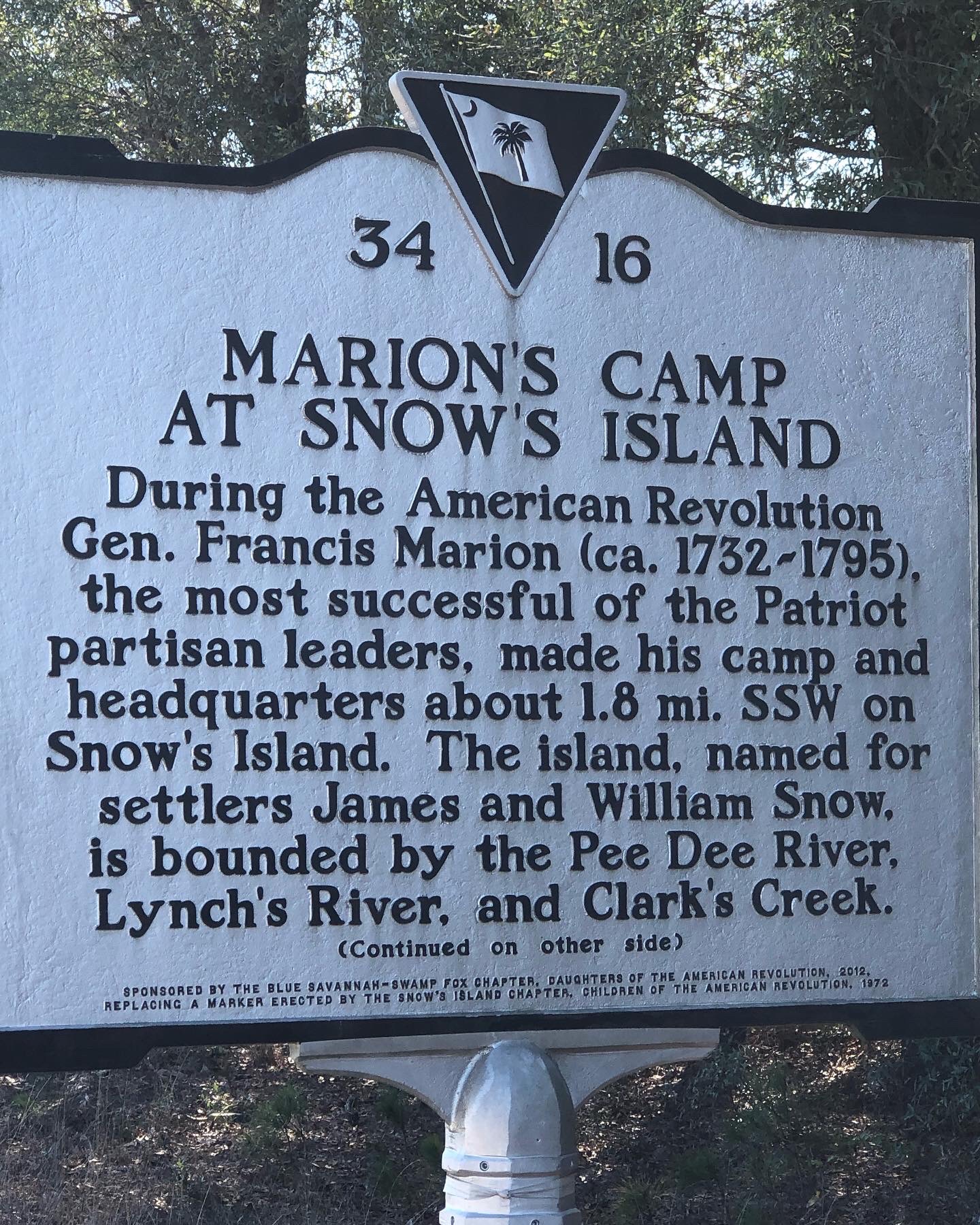 South Carolina historical marker 34-16, Marion's Camp at Snow's Island, front