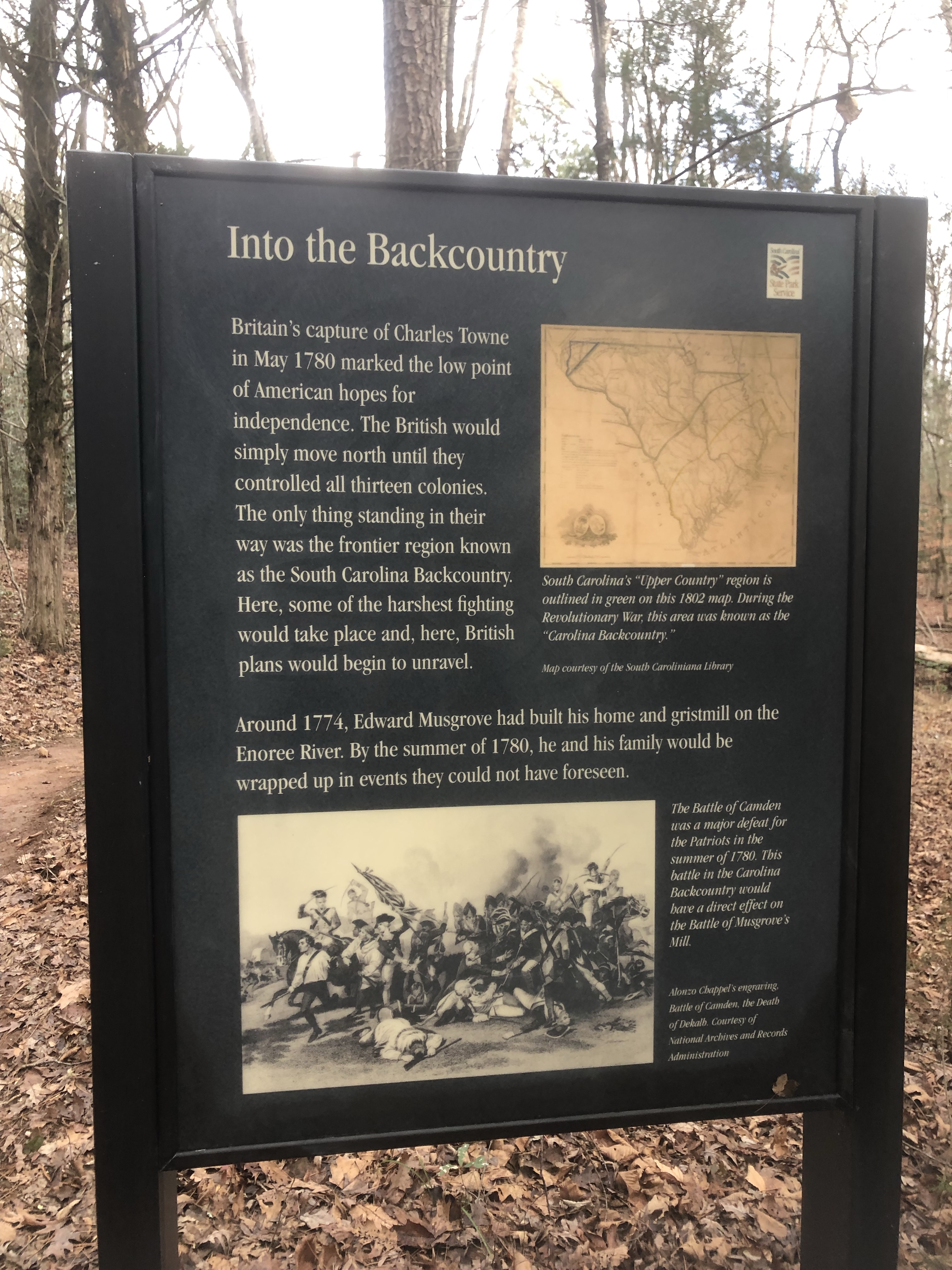 Interpretive sign titled Into the Backcountry on the battlefield trail