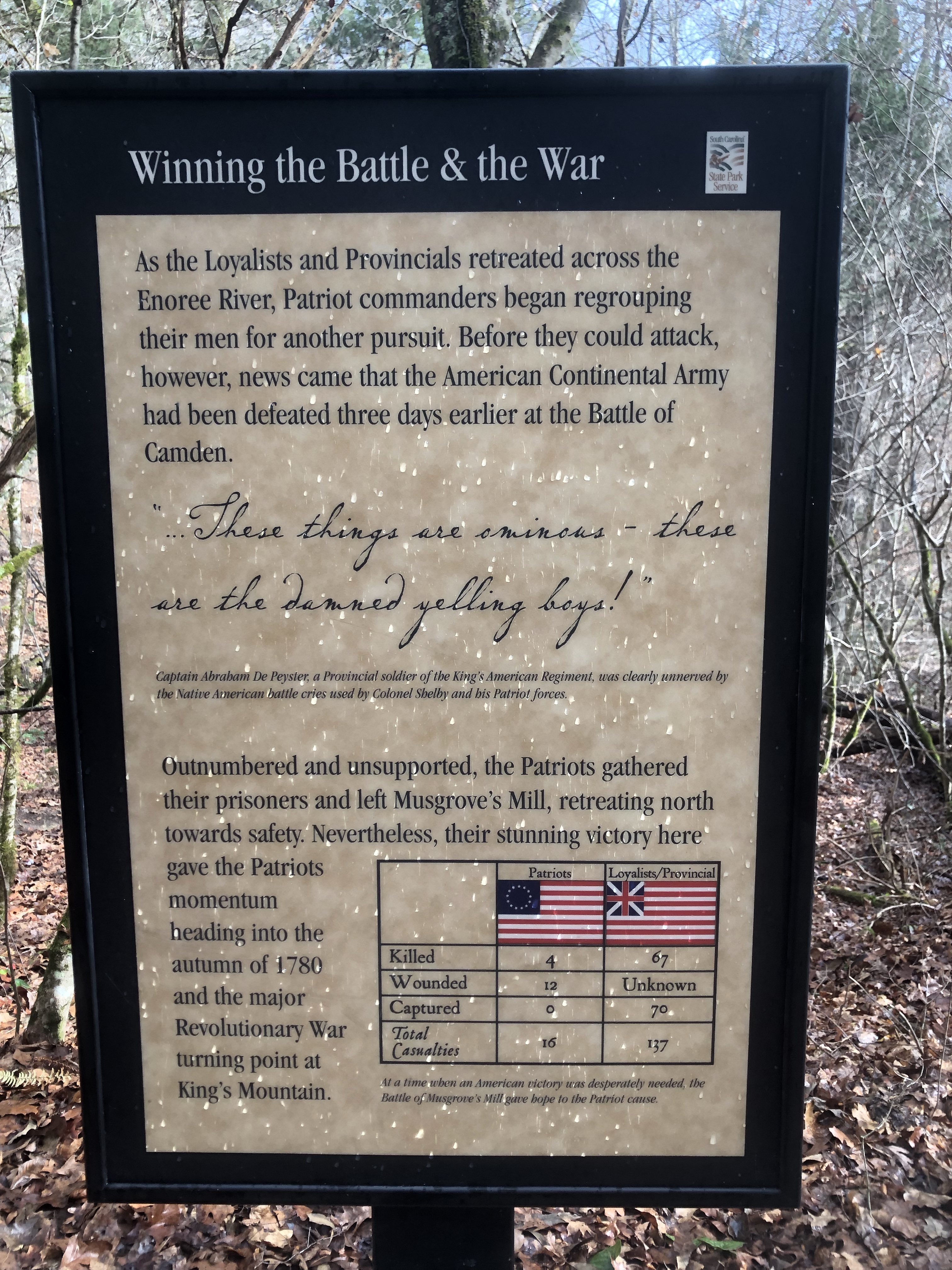 Interpretive sign on the battlefield trail about the end of the battle, with a casualty table