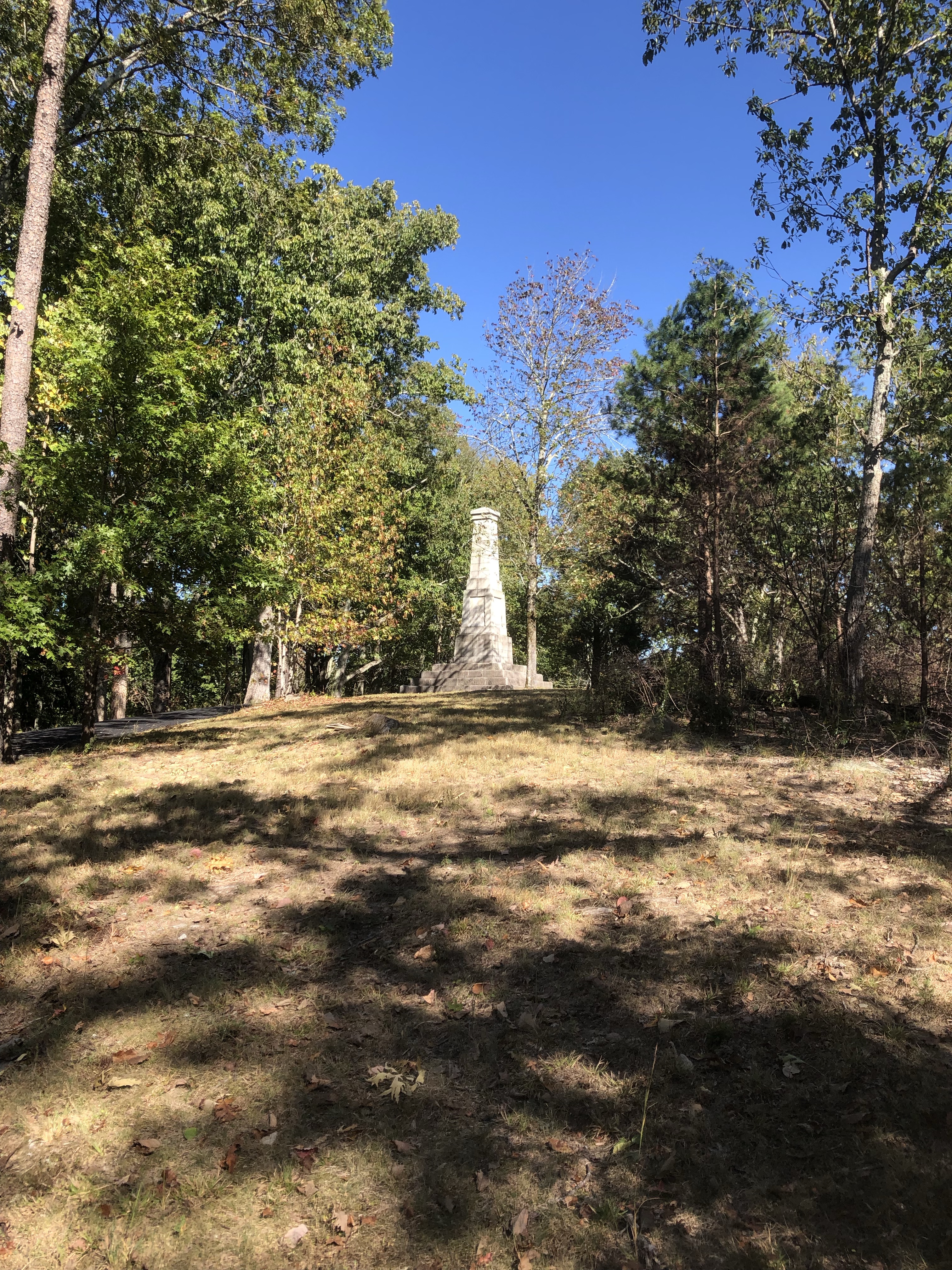 The Kings Mountain monument seen through the trees on the ridge