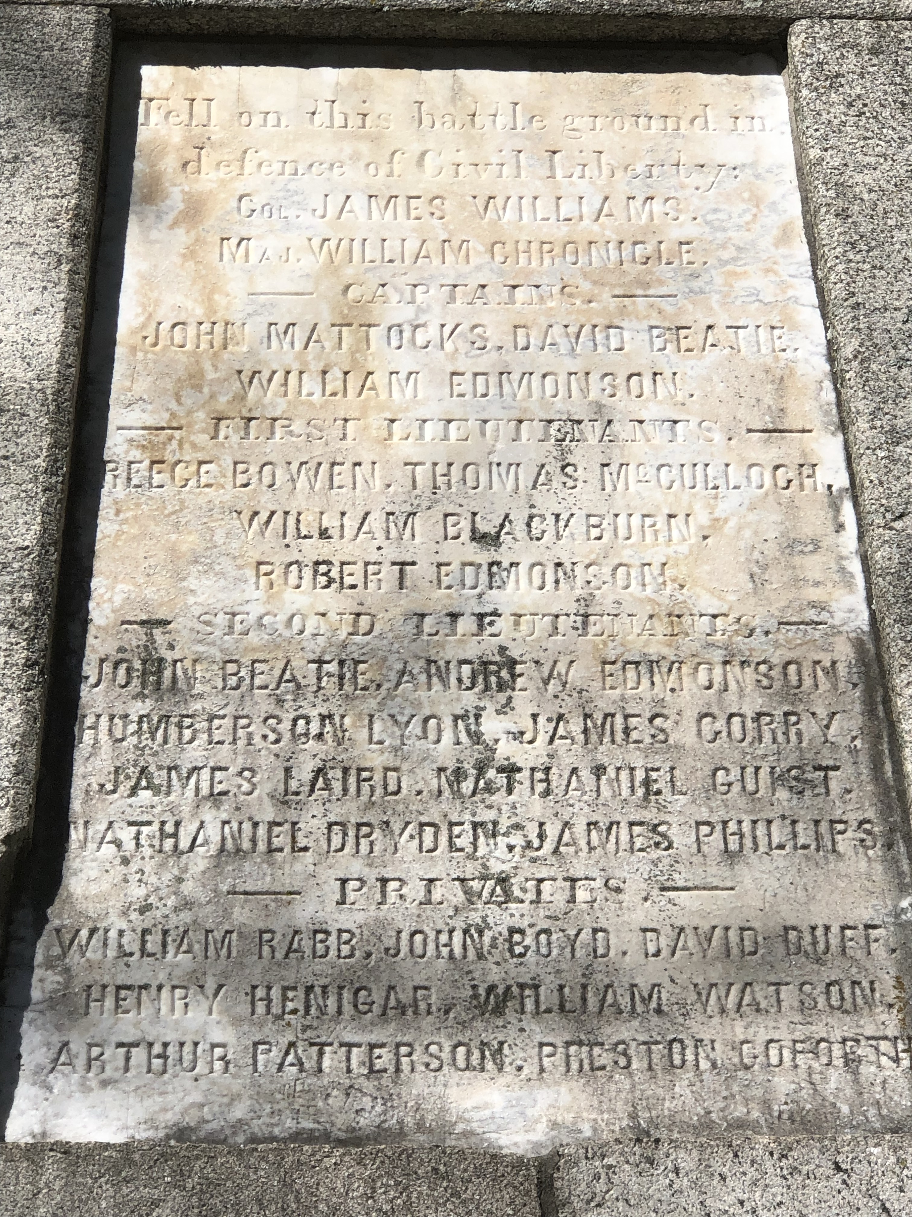 Marble panel on the 1880 Centennial Monument at Kings Mountain listing the Patriots who fell in the battle