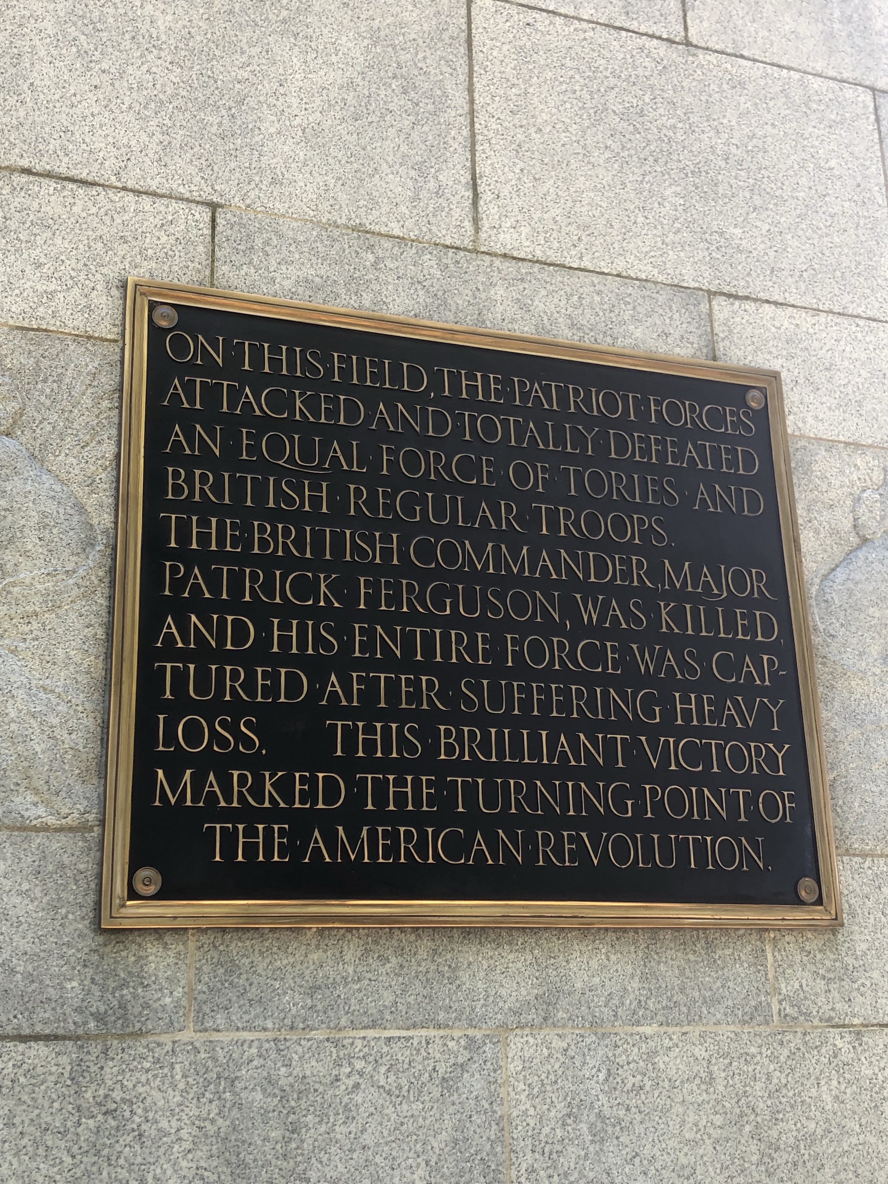Bronze inscription plaque on the Kings Mountain monument