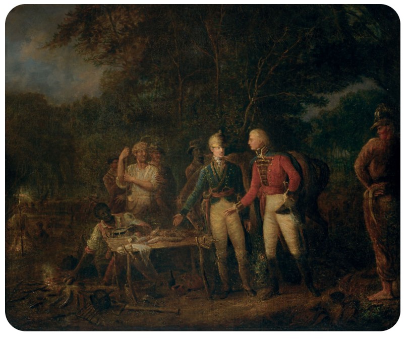 Painting of General Marion inviting a British officer to share his meal of sweet potatoes