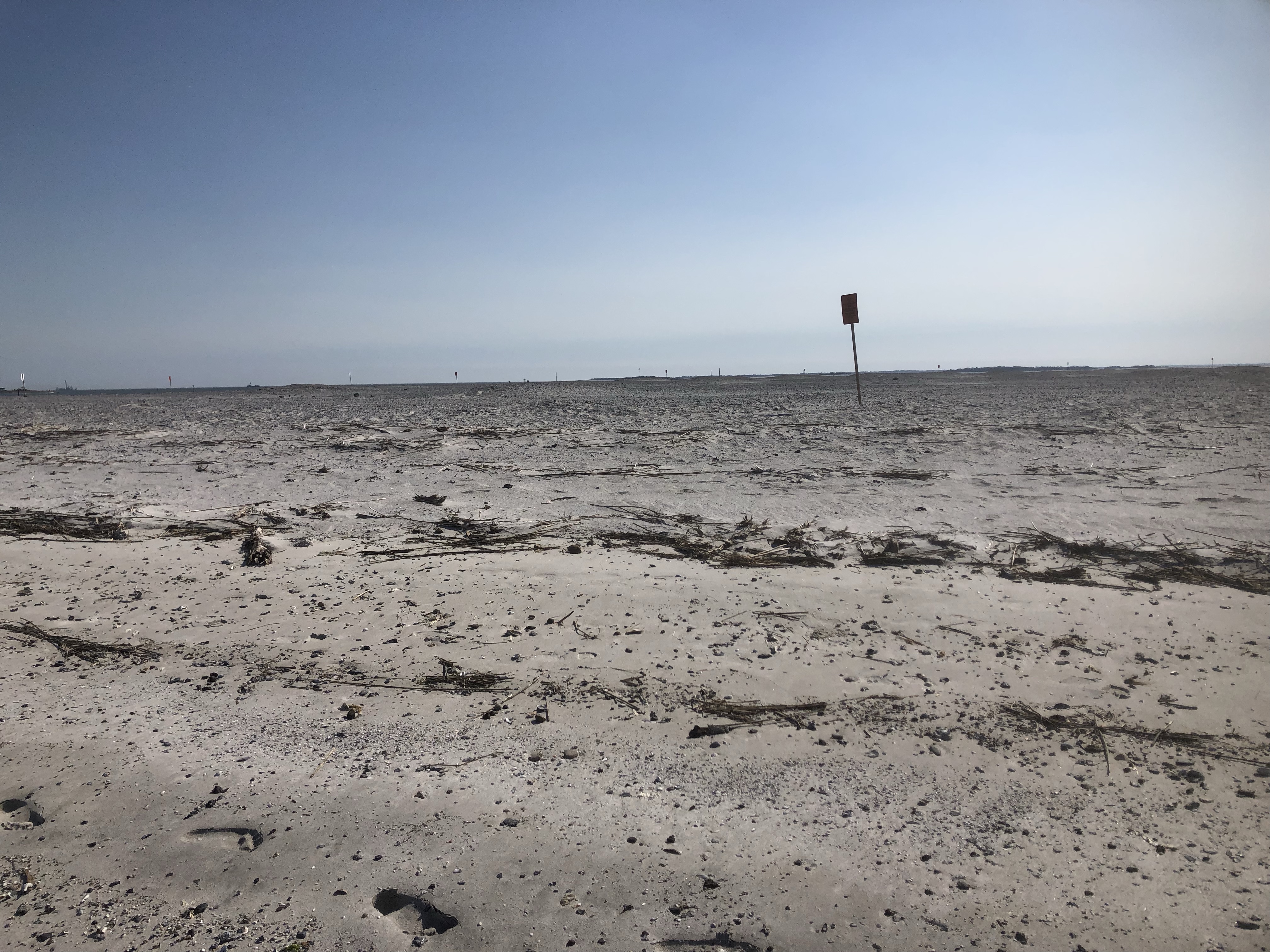 Shell-covered beach with a channel marker in the distance