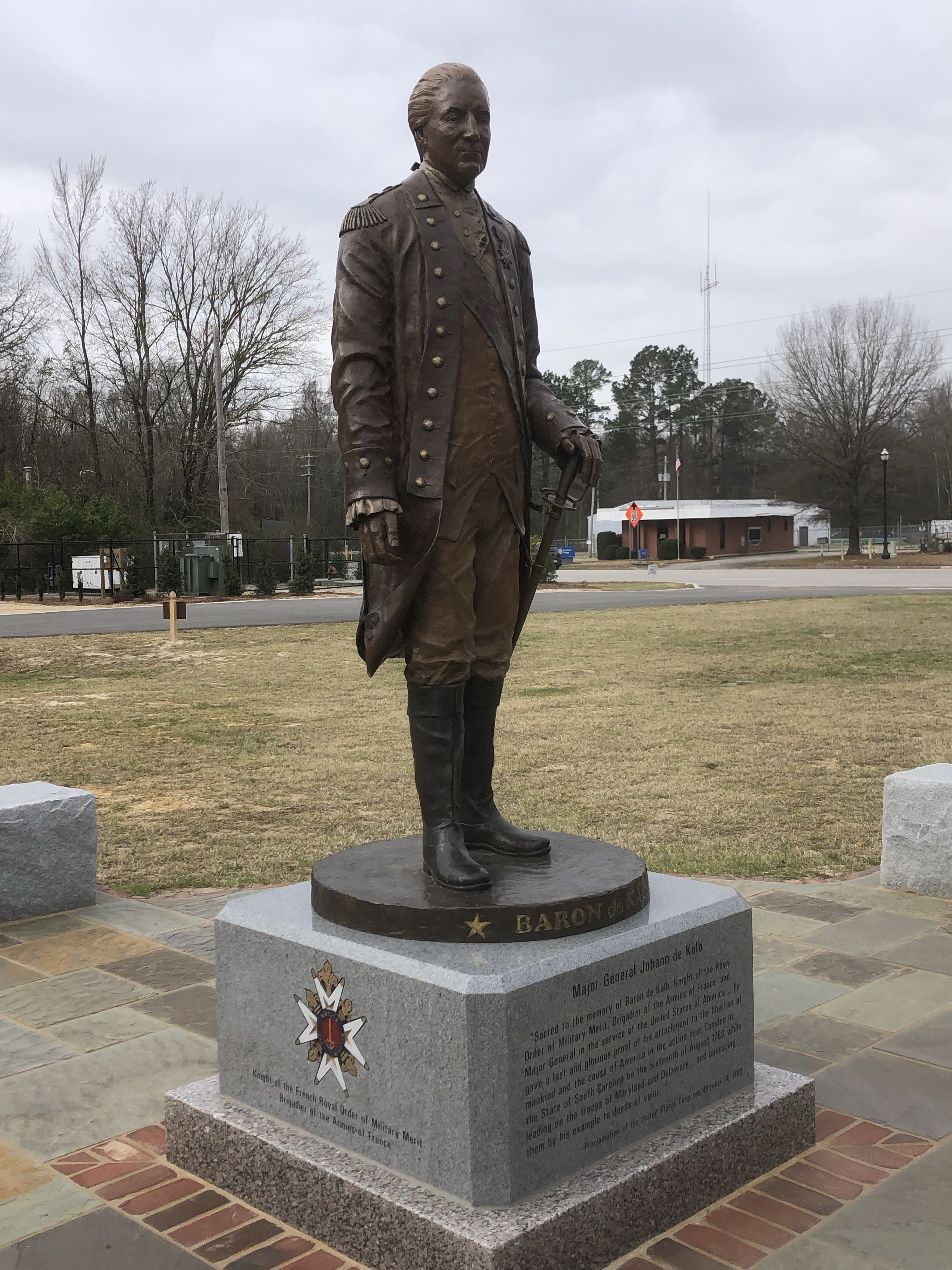 Bronze statue of Baron de Kalb on a granite base in Camden