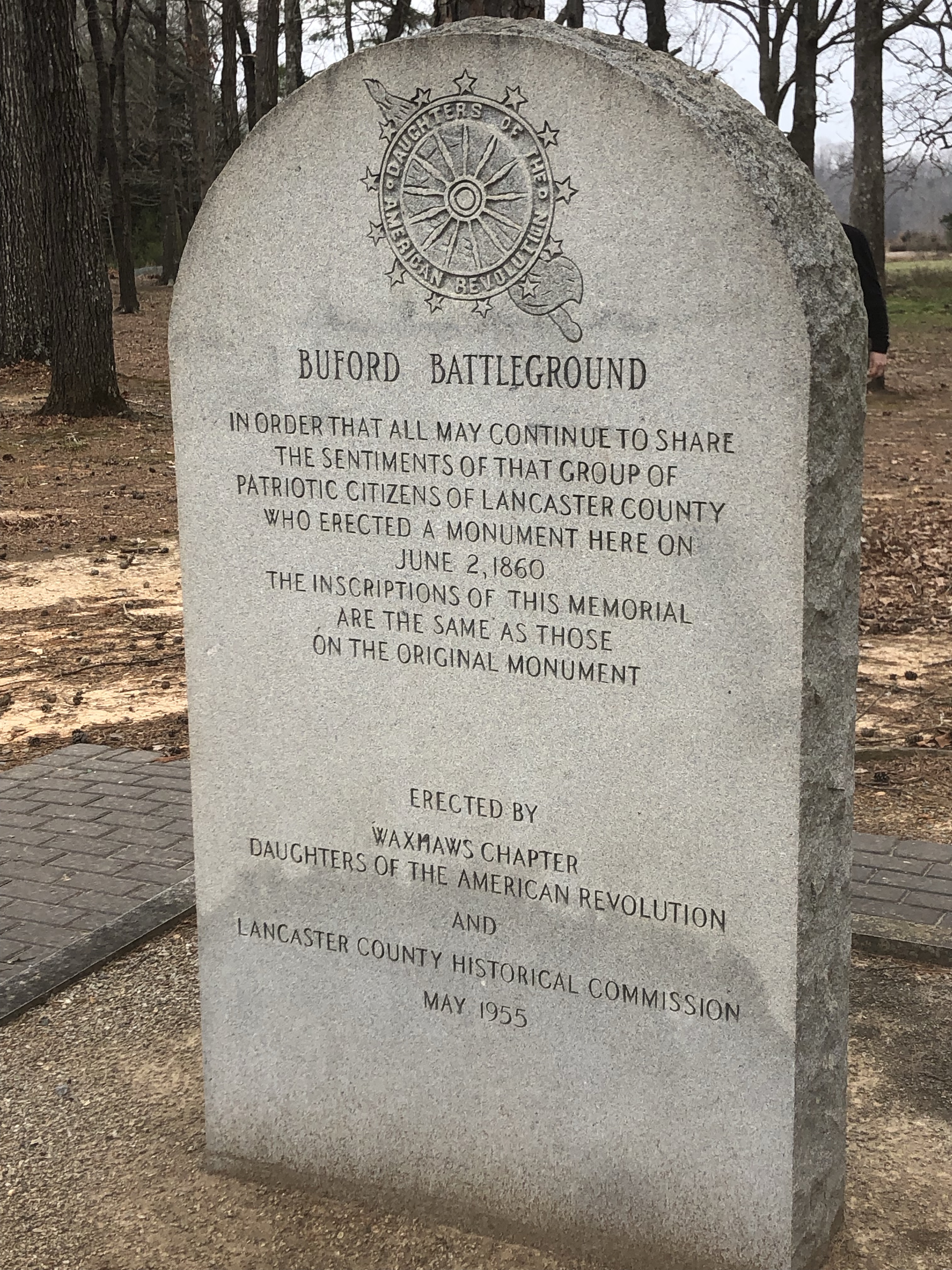 Granite stone headed Buford Battleground, erected by citizens of Lancaster County