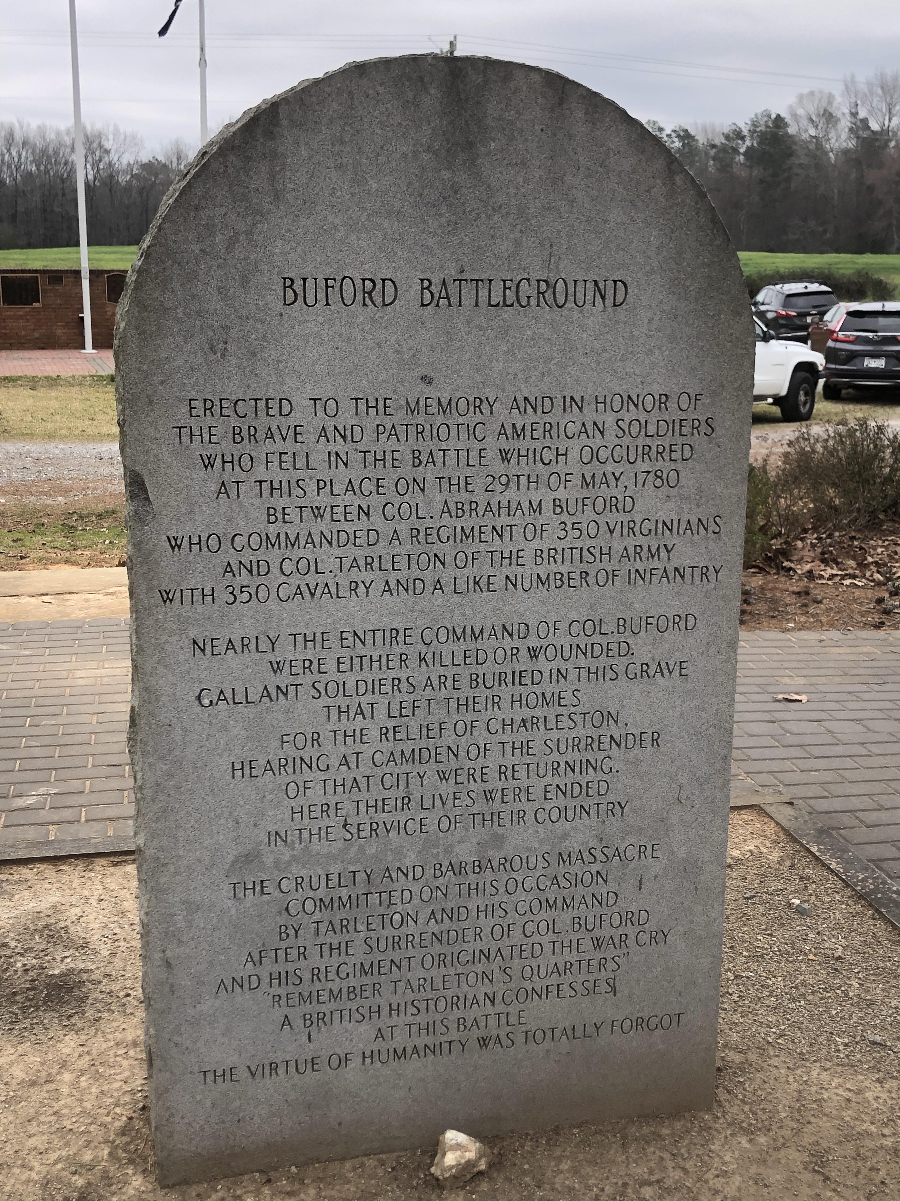 Granite stone headed Buford Battleground, erected to the memory of the American soldiers who fell in the battle of May 29, 1780