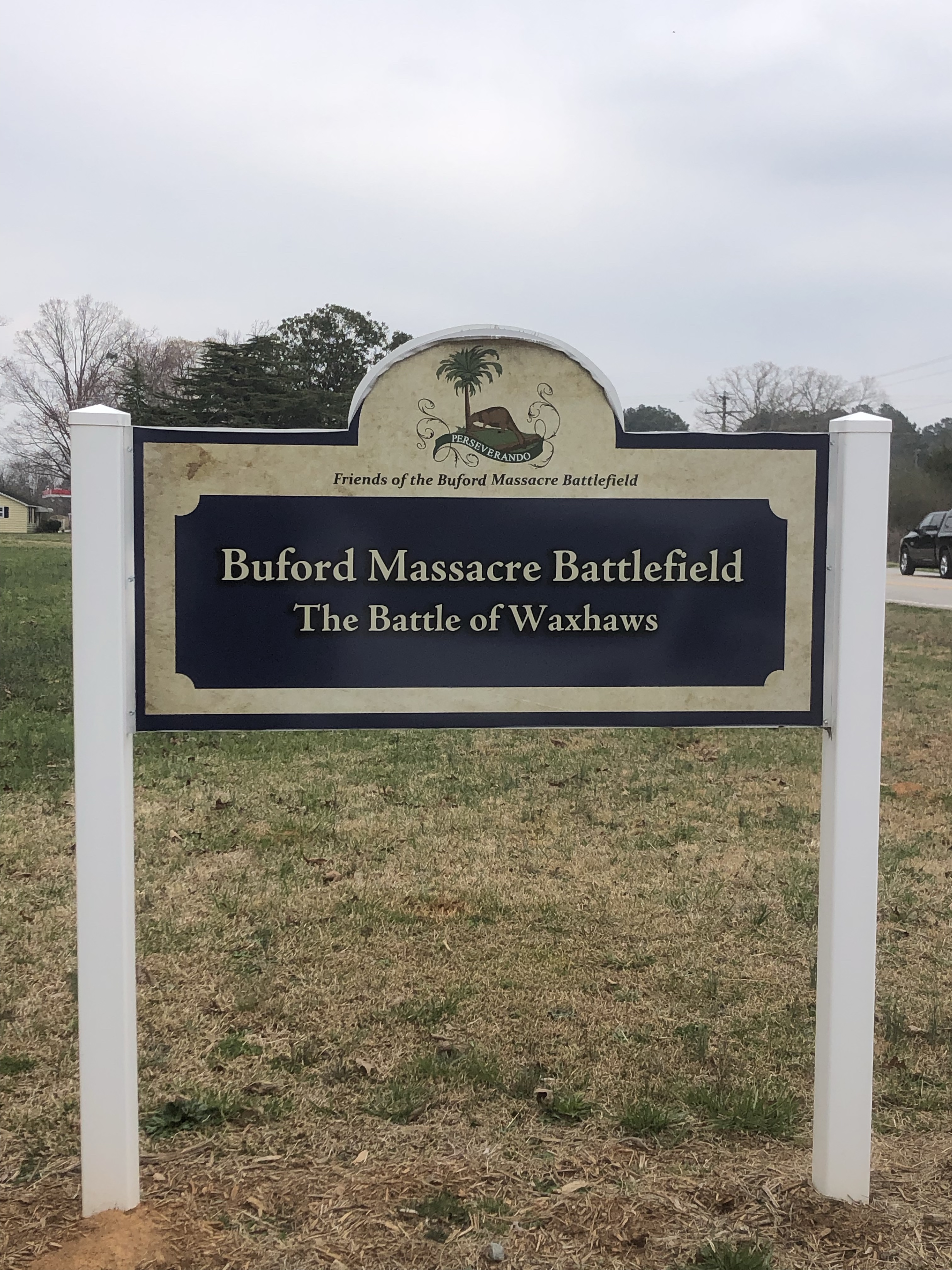 Sign reading Buford Massacre Battlefield, The Battle of Waxhaws, Friends of the Buford Massacre Battlefield