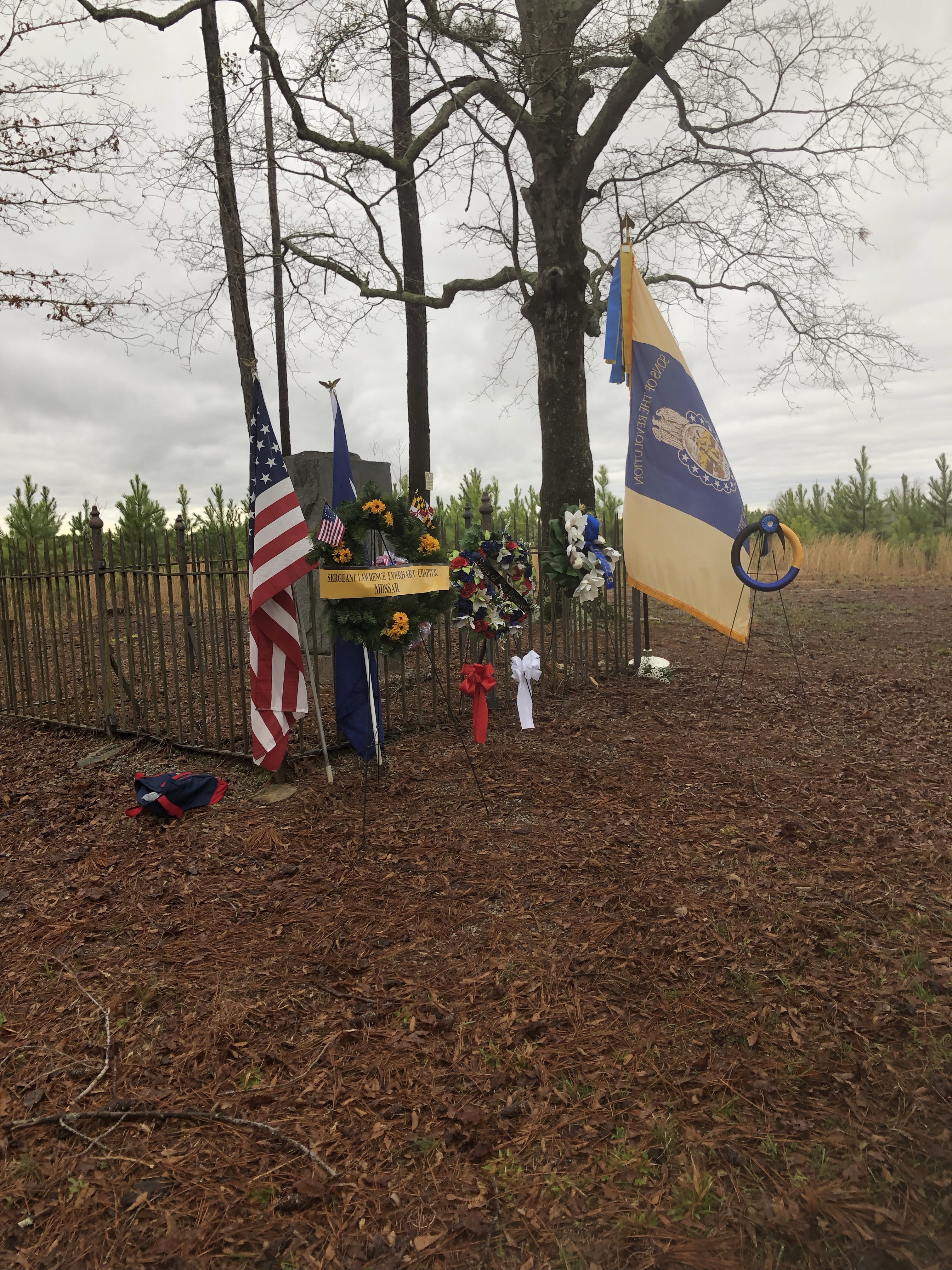 Wreath with American and regimental flags at the Hayes Station monument, March 2022