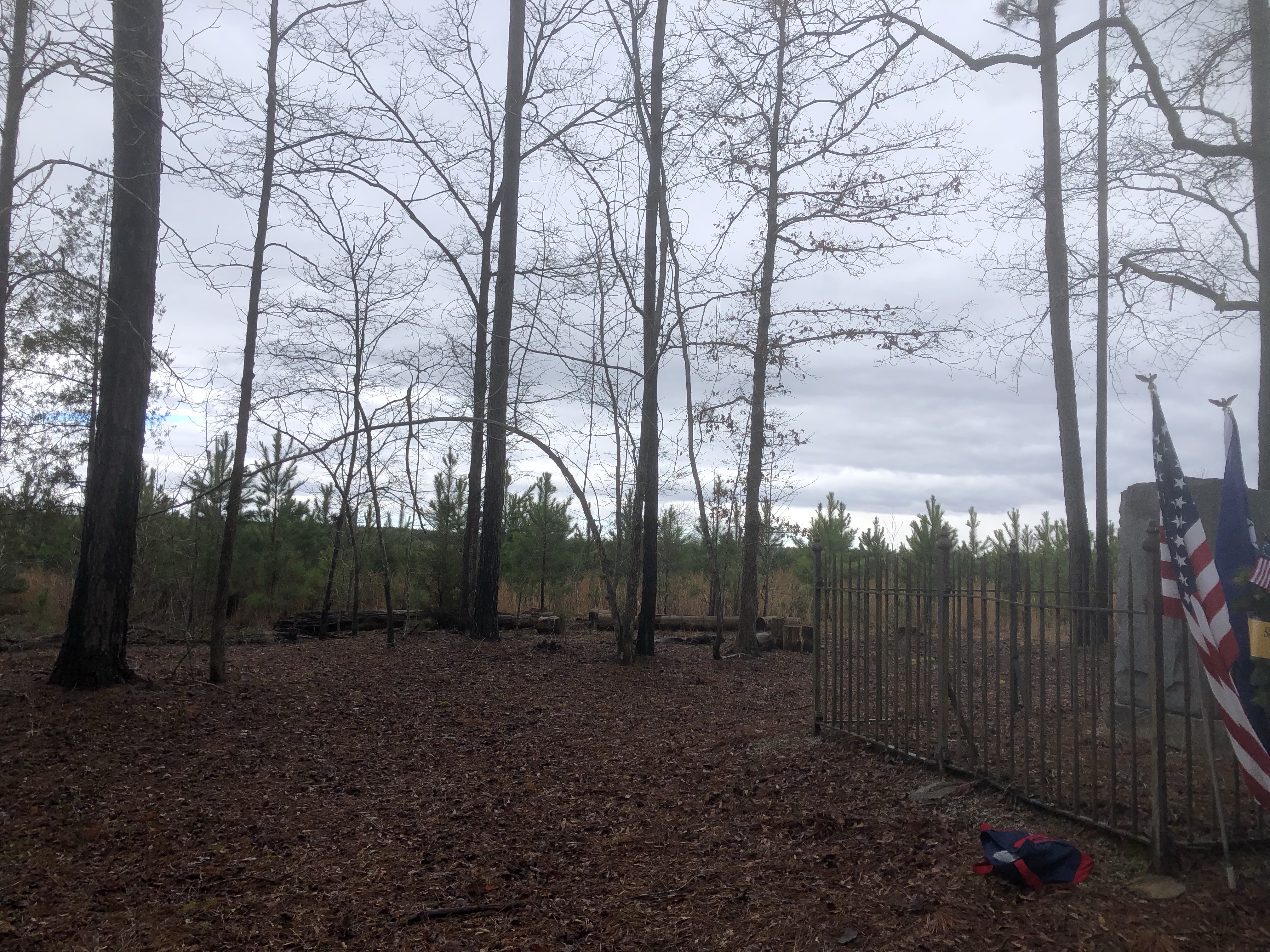 Bare trees and the iron fence around the Hayes Station monument, with a flag at right, March 2022