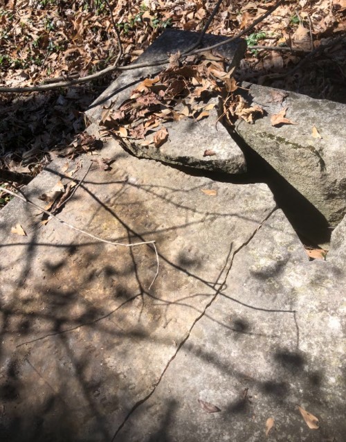 The broken top slab of Jeremiah Leak's box tomb, 2022