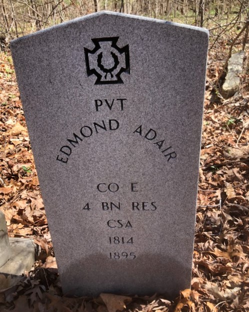 Military marker for Pvt. Edmond Adair, Co. E, 4 Bn. Res., CSA