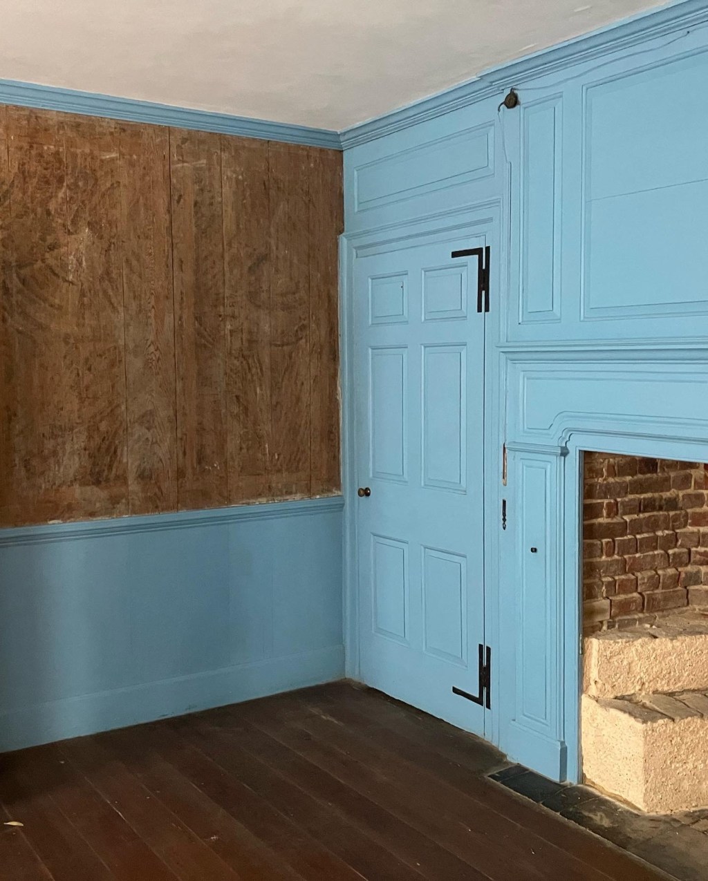 Blue paneled wall with a door beside the fireplace at Hampton
