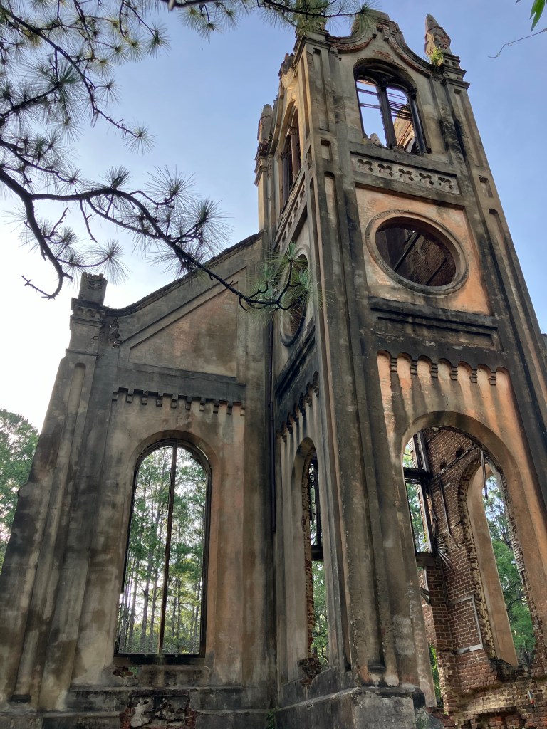 Bell tower and arched windows of Prince Frederick's Chapel ruins