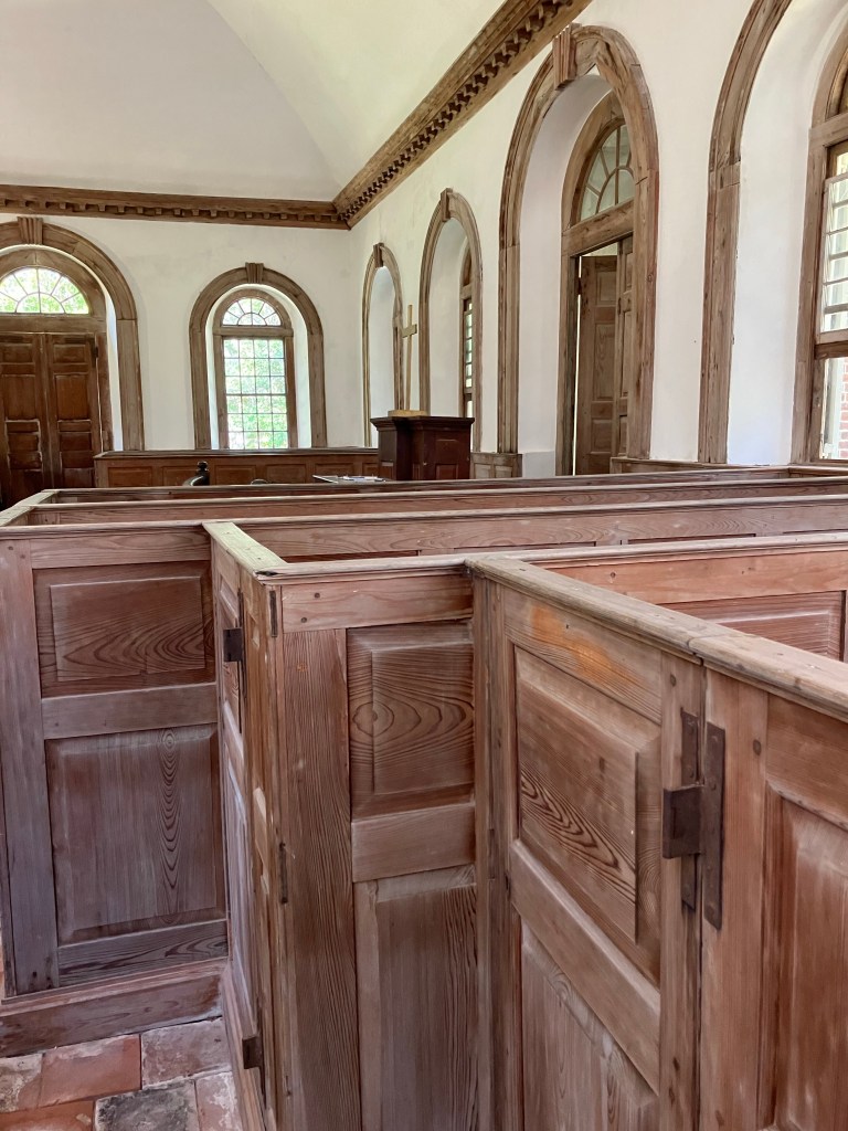 Box pew doors with iron hinges