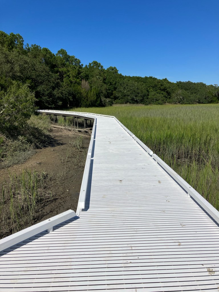 White boardwalk leading out across the marsh