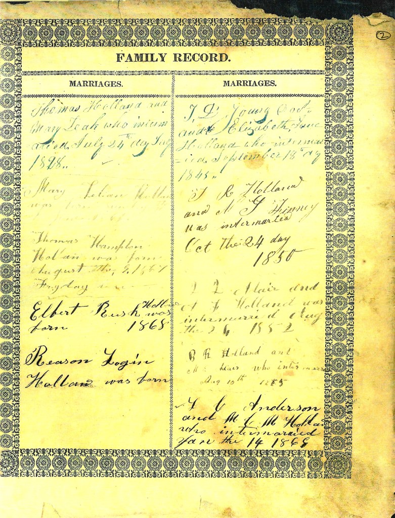 Family Record page of marriages in the Holland family Bible