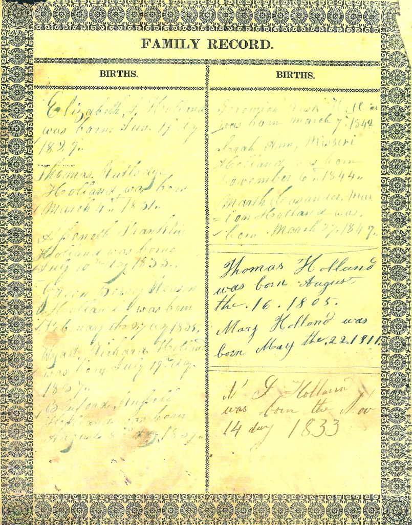 Family Record page of births in the Holland family Bible