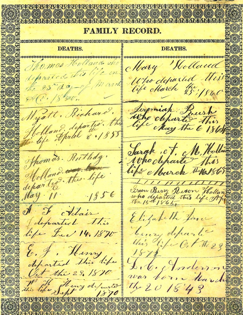 Second Family Record page of deaths in the Holland family Bible