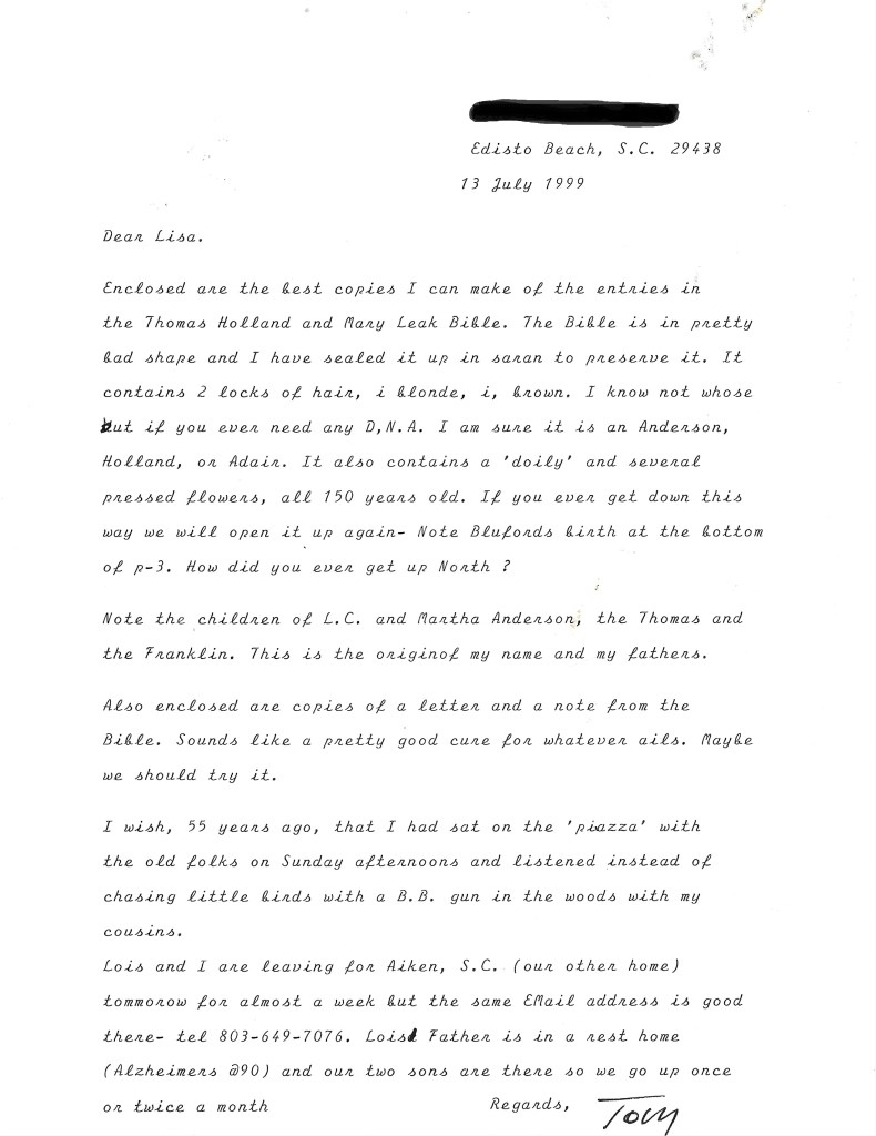 Typed letter from Mr. Anderson sent with copies of the Holland family Bible pages