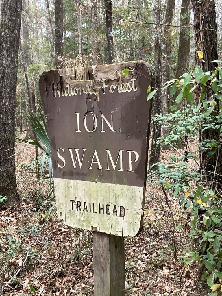 Weathered I'on Swamp trailhead sign