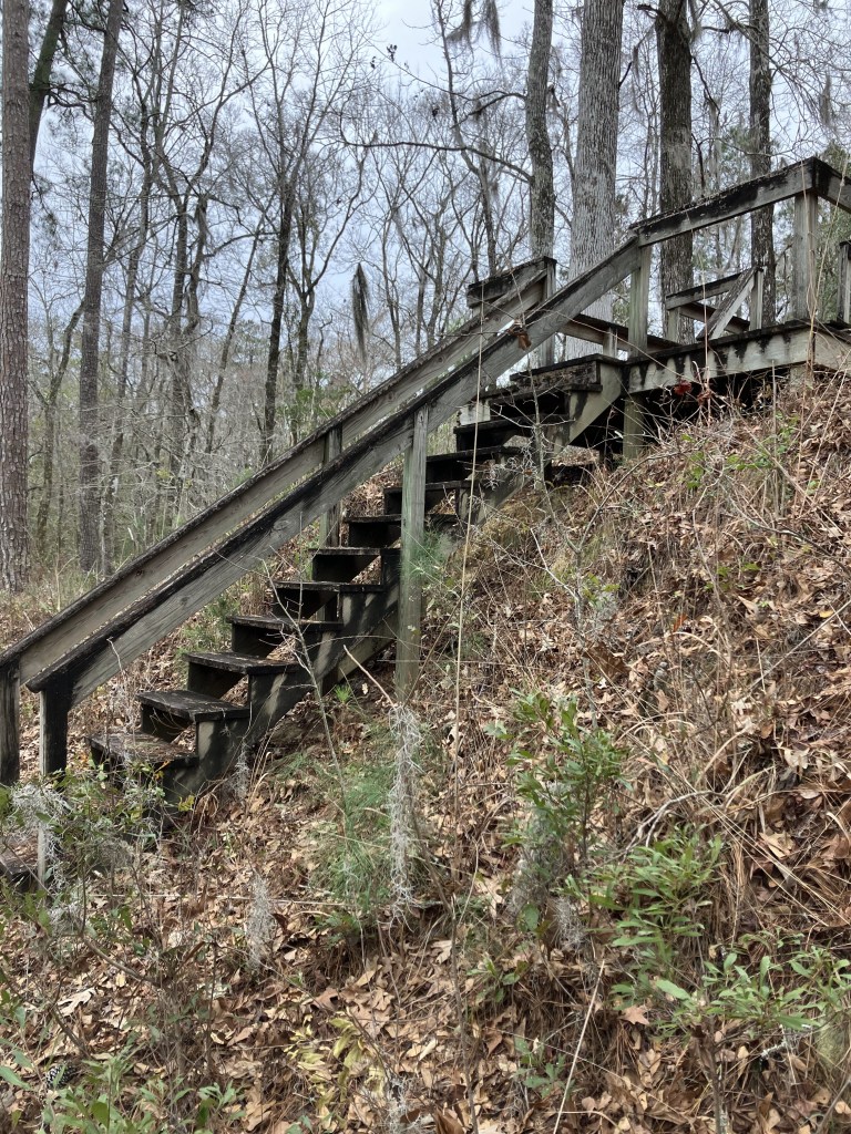 Wooden stairs climbing the bluff at Battery Warren