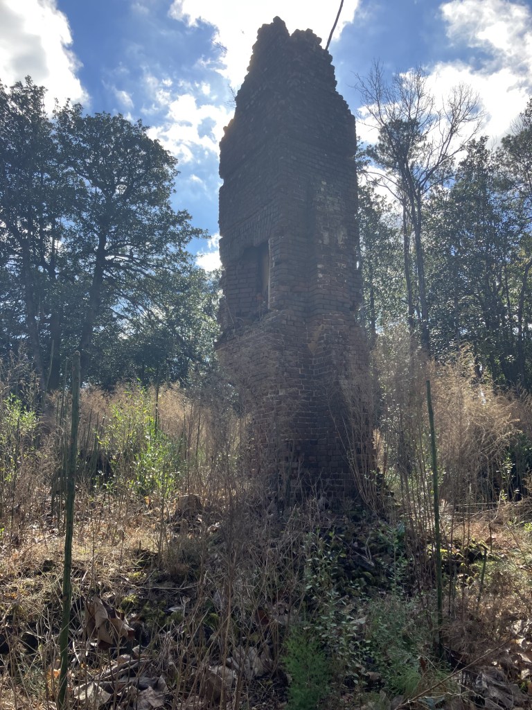 Weathered brick chimney stack in the woods