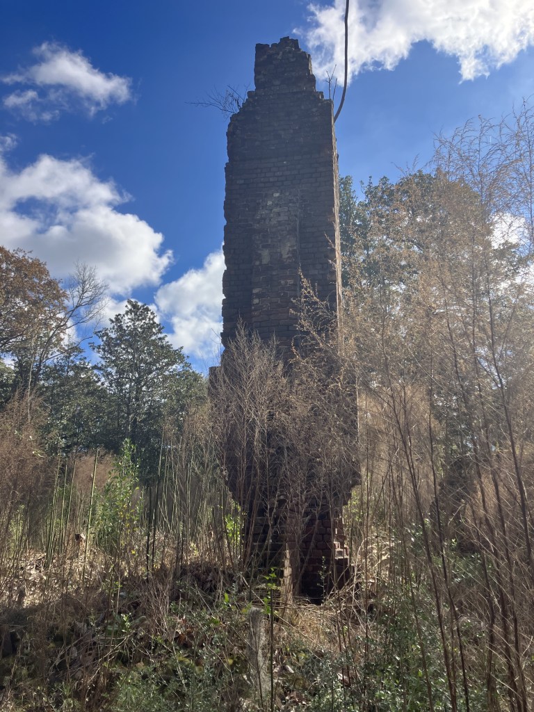 Tall brick chimney standing in the woods at El Dorado