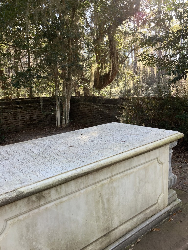 Marble box tomb inside the walled Alston cemetery