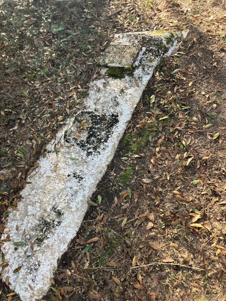 Broken stone grave slab on the leaf-covered ground