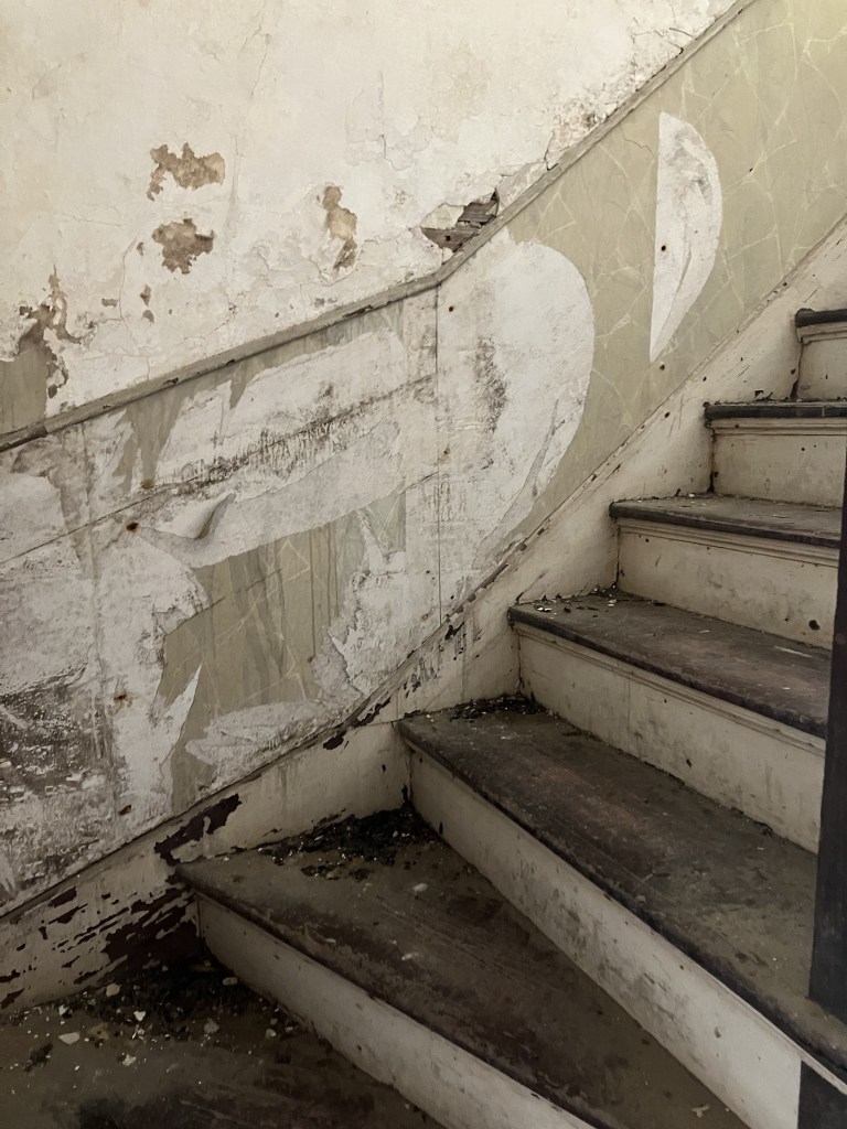 Stairs along a peeling plaster wall