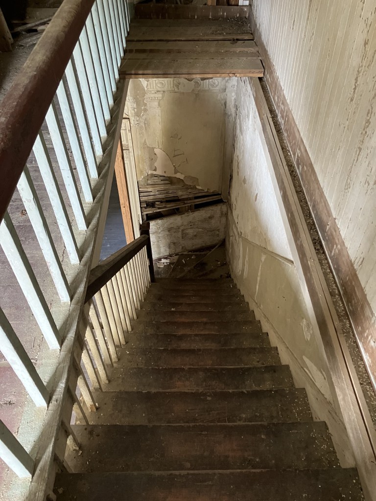 Looking down the narrow staircase