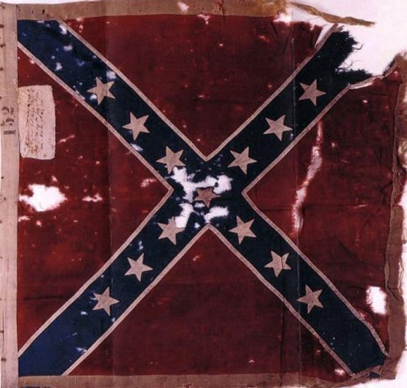 Worn battle flag of the 49th North Carolina Infantry, red with a blue starred cross
