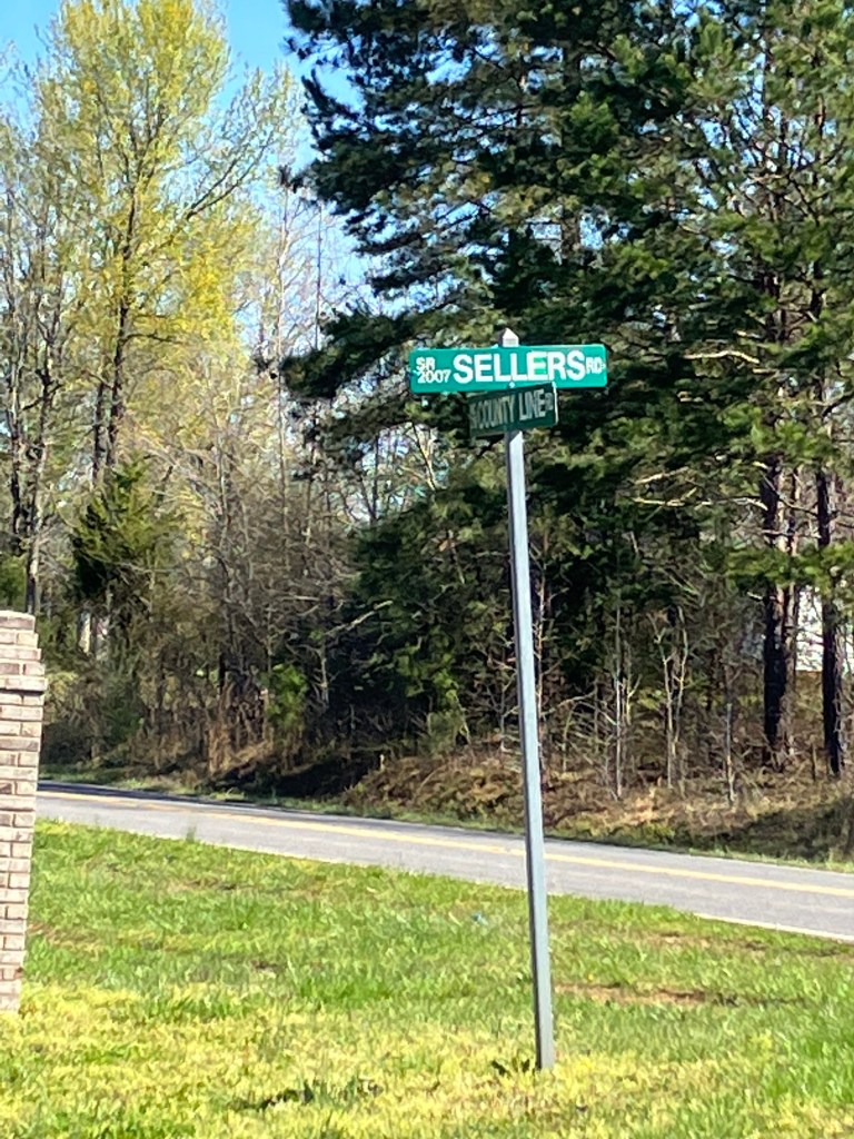 Green road sign on a post beside a country road