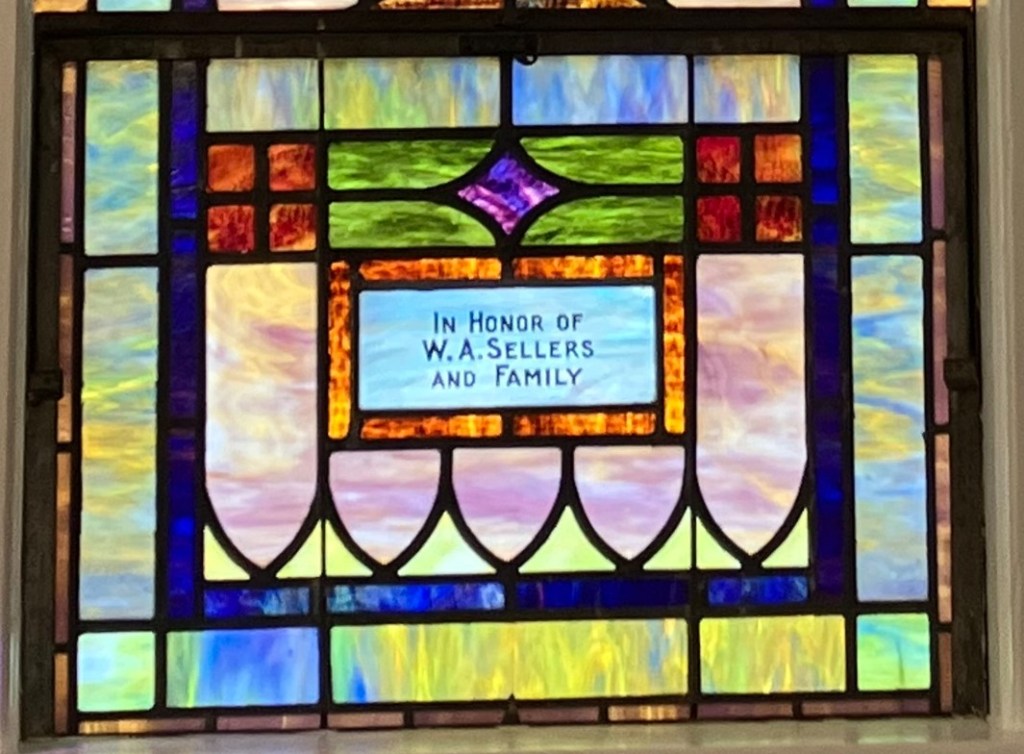 Stained glass window panel inscribed In Honor of W.A. Sellers and Family, Mary's Grove Community Church