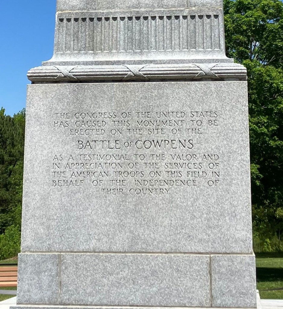 Inscription on the Cowpens monument dedicated to the victory at the Battle of Cowpens