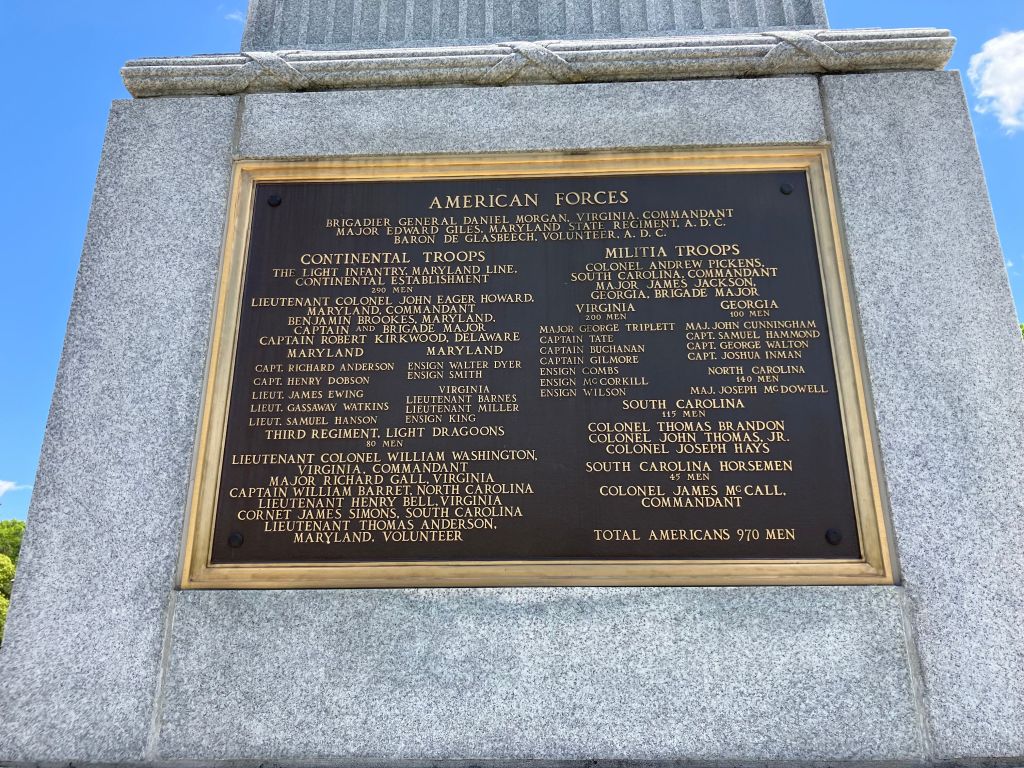 Bronze plaque listing the American forces on the base of the Cowpens monument