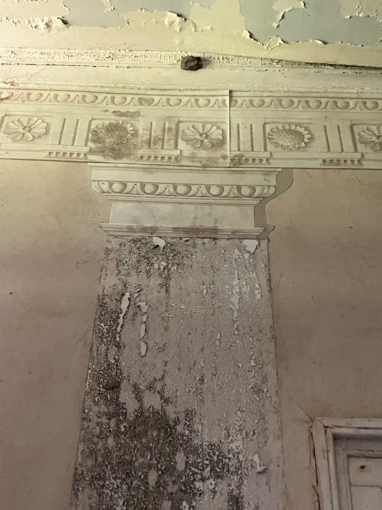 Peeling plaster pilaster under a carved frieze