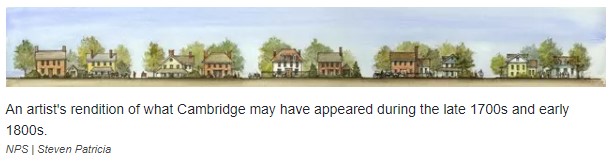 Artist's rendering of what the town of Cambridge may have looked like in the late 1700s and early 1800s