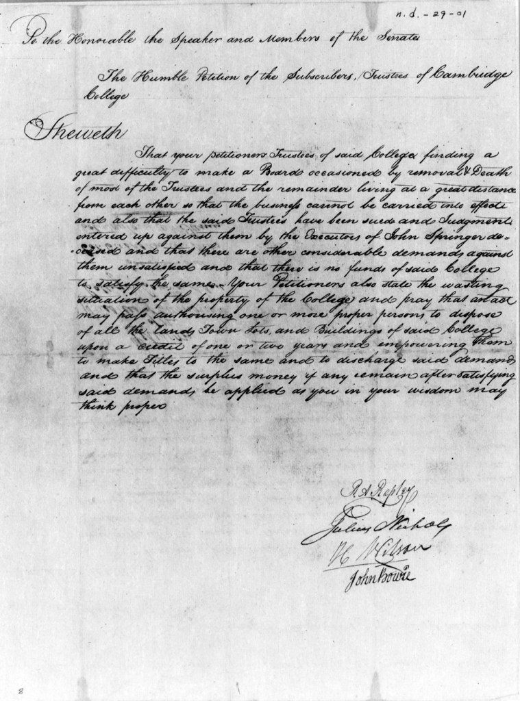 Handwritten petition about selling the College of Cambridge property and paying its debts