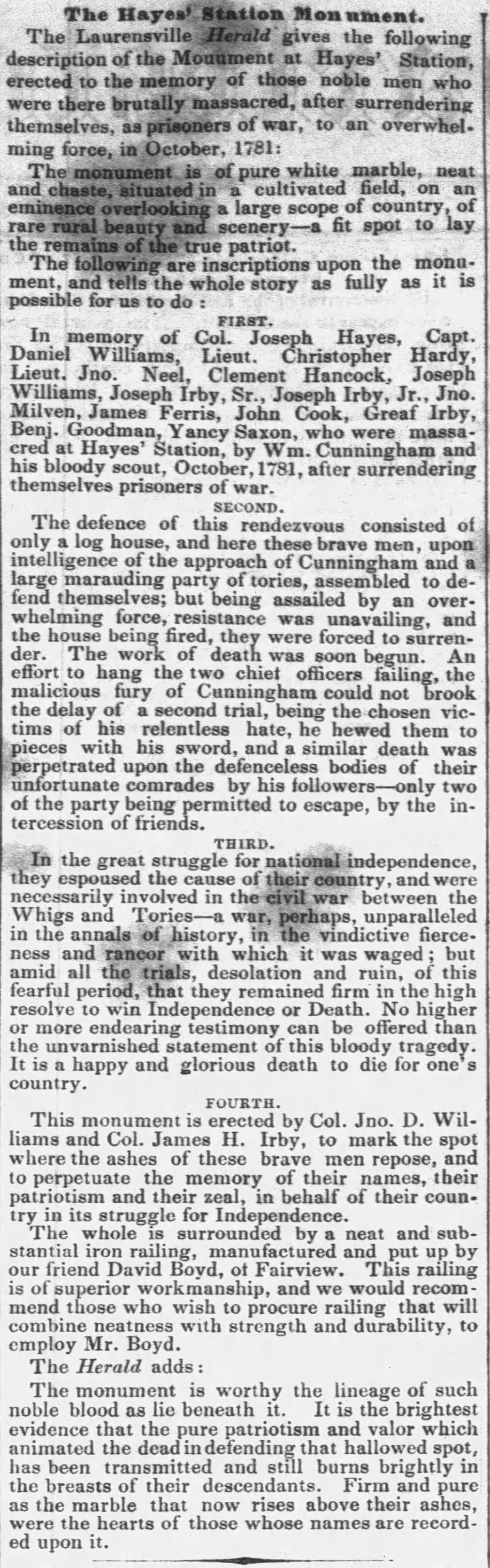 The Charleston Daily Courier, 1858, on the Hayes Station monument