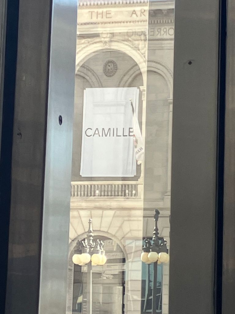 Art Institute of Chicago entrance with a Camille exhibit banner