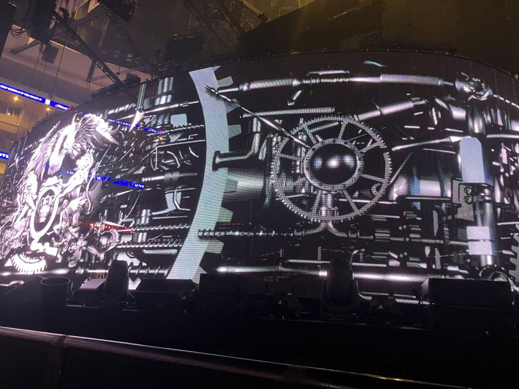 Elaborate overhead lighting rig above the stage